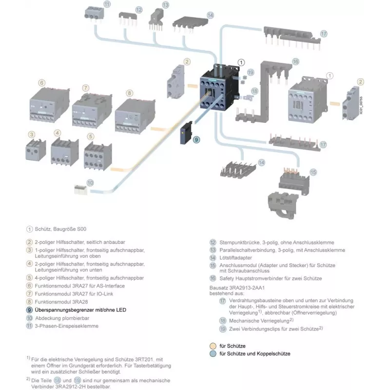 Siemens varistorius su LED, 24-48V AC/12-24V DC, SIRIUS kontaktoriams S00/S0, kištukinis, 3RT29161JJ00