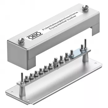 OBO Bettermann 1810 išlyginamųjų potencialų šyna, 348 mm, 10 prijungimo taškų, permatomas dangtelis 5015057