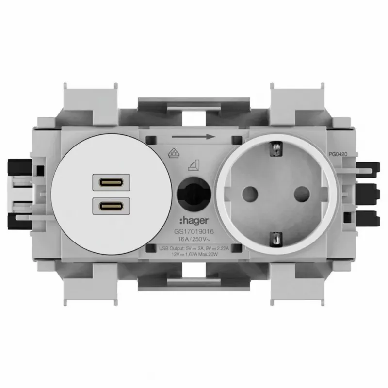 Hager Winsta Schuko rozetė su dvigubu USB-C PD 20W įkrovikliu, poliarinė balta GS17019016