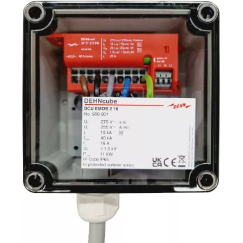 DEHN DEHNcube EMOB 2 tipo viršįtampių apsaugos įtaisas elektromobilių AC įkrovimo punktams, 2 poliai, 230 V, 40 kA, IP65, M25 kabelio įvadas 900901