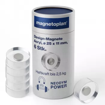 MAGNETOPLAN HOLTZ magnetoplan dizaino magnetukai, 25 mm, 6 vnt. neodimio magnetų su permatomu akrilo koteliu, poliruoti (1680025)