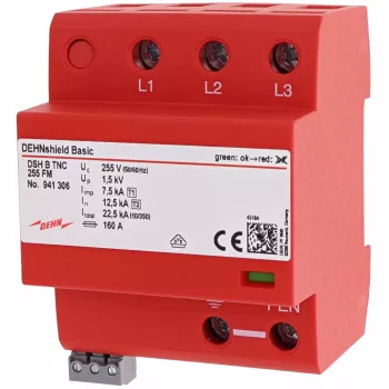 DEHN DSH B TNC 255 FM 1+2 tipo kombinuotasis viršįtampių ribotuvas TN-C sistemoms, 3 polių, 255 V AC, 25 kA (10/350 µs), nuotolinio signalizavimo, 941306