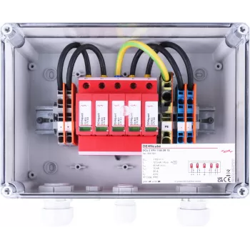 DEHN DCU 2 YPV 1100 2M 1S 2 tipo viršįtampių apsaugos įtaisas fotovoltinėms sistemoms, 2 MPPT, 1 stringas vienam MPPT, 1100 V DC, IP65 korpusas 900921