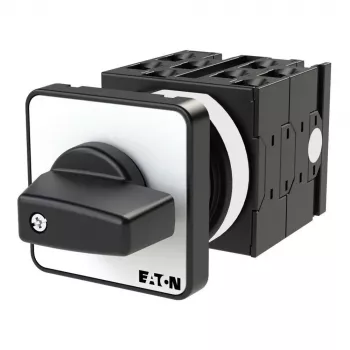 Eaton T0-4-8251/E 2 polių 3 padėčių ON-OFF-ON kumštelinis jungiklis, 20A, 690V, IP65 priekis, juoda rankenėlė, balta priekinė plokštė 013971