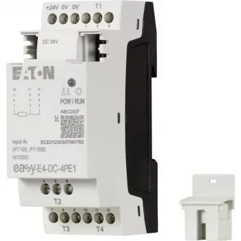 Eaton easyE4 DC 4PE1 RTD įėjimų plėtimo modulis, 4 kanalai, Pt100/Pt1000/Ni100/Ni1000, varžtiniai gnybtai, DIN bėgelis, 24 V DC