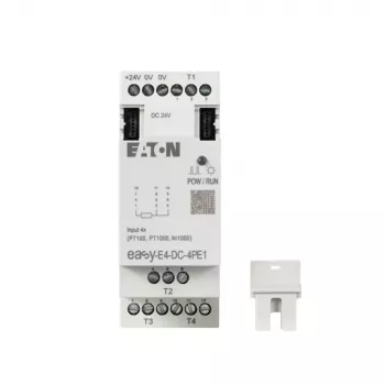 Eaton easyE4 DC 4PE1 RTD įėjimų plėtimo modulis, 4 kanalai, Pt100/Pt1000/Ni100/Ni1000, varžtiniai gnybtai, DIN bėgelis, 24 V DC