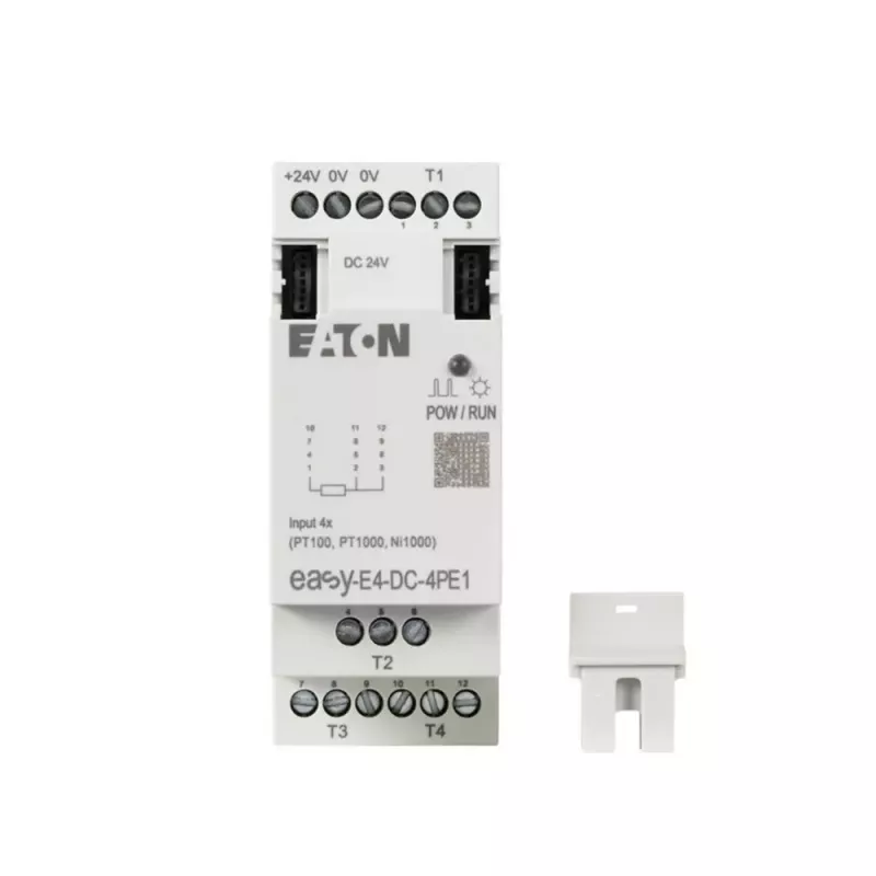 Eaton easyE4 DC 4PE1 RTD įėjimų plėtimo modulis, 4 kanalai, Pt100/Pt1000/Ni100/Ni1000, varžtiniai gnybtai, DIN bėgelis, 24 V DC
