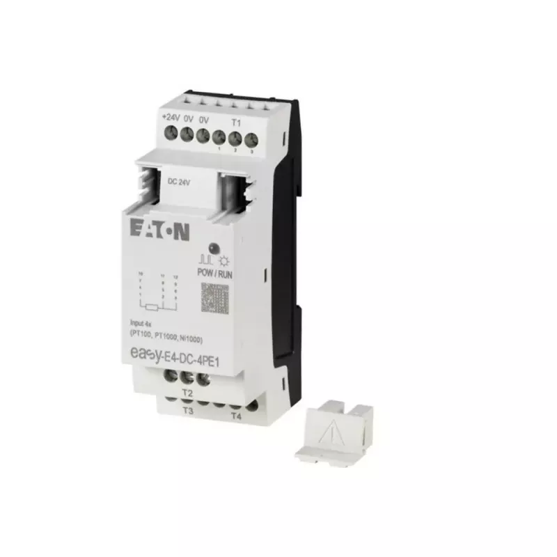 Eaton easyE4 DC 4PE1 RTD įėjimų plėtimo modulis, 4 kanalai, Pt100/Pt1000/Ni100/Ni1000, varžtiniai gnybtai, DIN bėgelis, 24 V DC