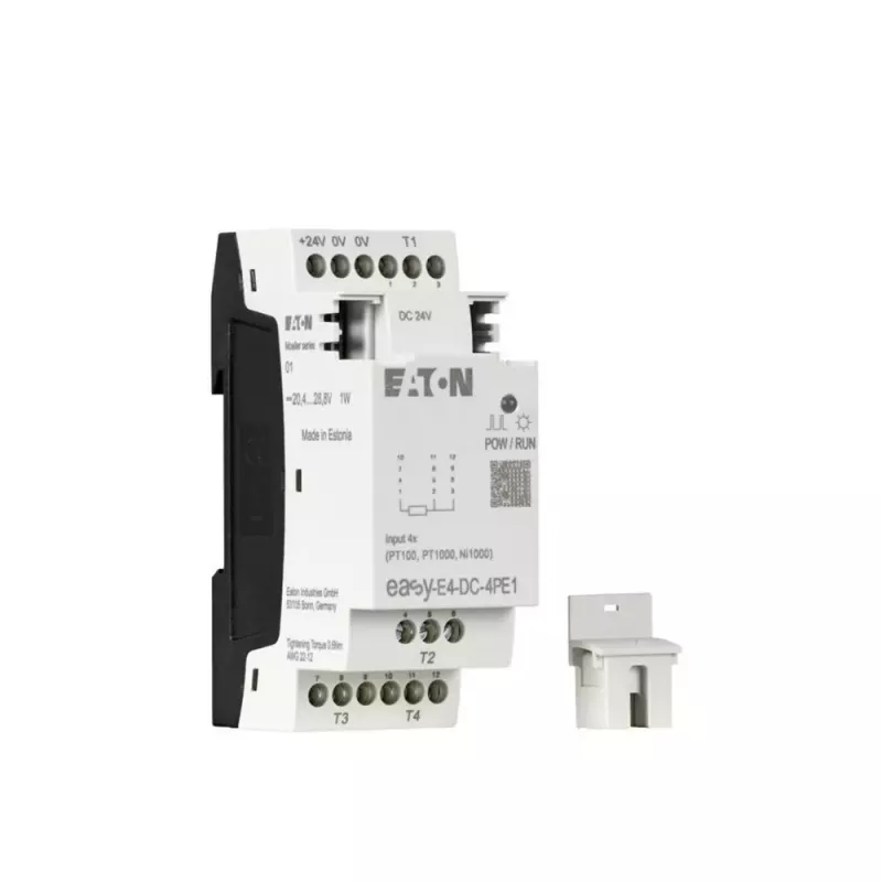 Eaton easyE4 DC 4PE1 RTD įėjimų plėtimo modulis, 4 kanalai, Pt100/Pt1000/Ni100/Ni1000, varžtiniai gnybtai, DIN bėgelis, 24 V DC