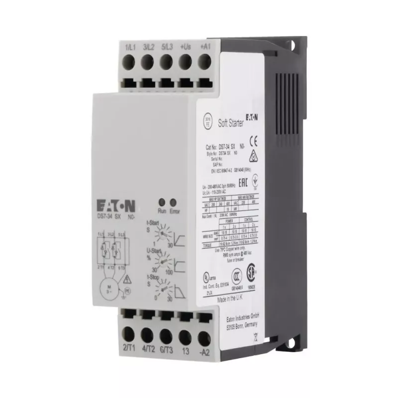 Eaton DS7-340SX009N0-N švelnaus paleidimo starteris, 9 A, 4 kW, 200-460 V AC, 24 V AC/DC valdymas, pilkas 134910