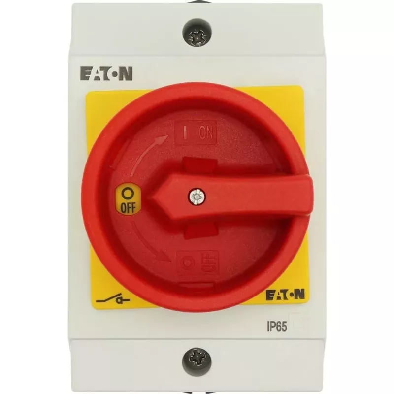 Eaton T0-1-8200/I1/SVB 1 polių pagrindinis jungiklis, 20A, raudona/geltona rankena, IP65 priekis 207145