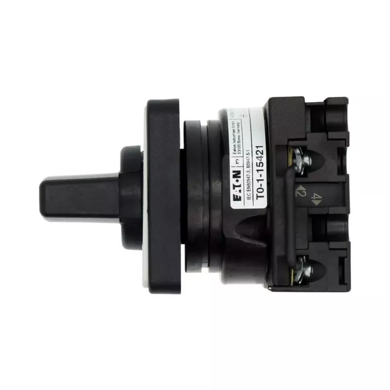 Eaton T0-1-15421/E kumštelinis jungiklis, 1-polis, ON-OFF, 20 A, 690 V AC, svirtinė rankenėlė, juodas, priekinė plokštė 48x48 mm 095806