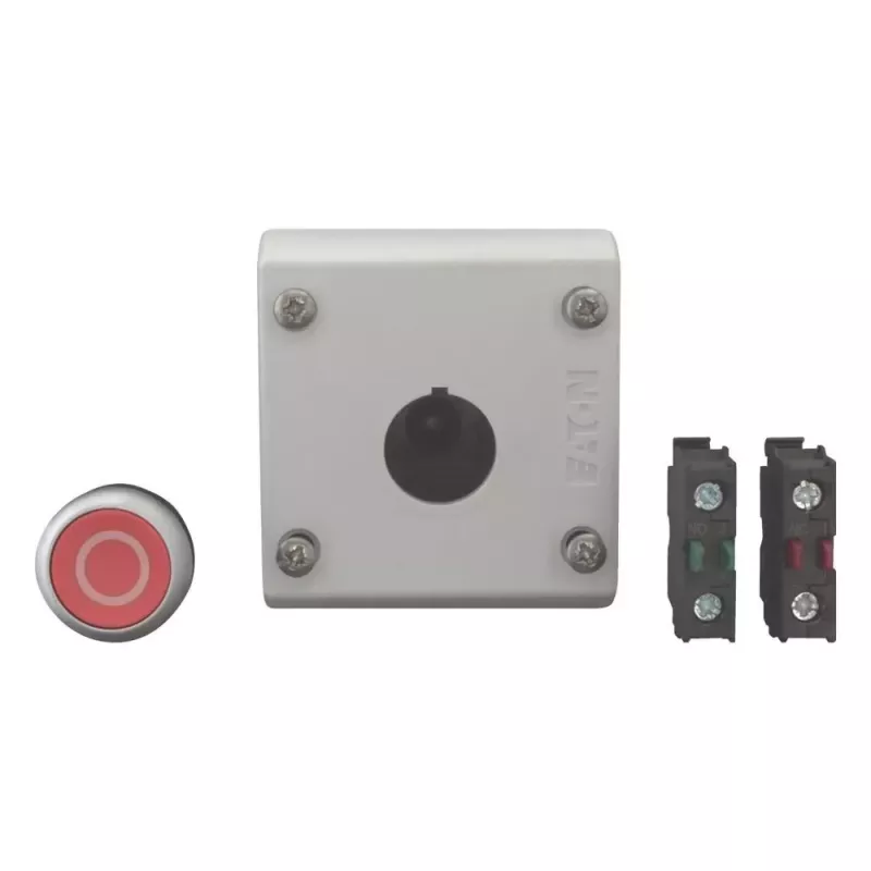 Eaton M22-D-R-X0/KC11/I Mygtuko pavara su kontaktų bloku, raudona, titano spalvos, plastikinė, IP66/IP67/IP69 216521