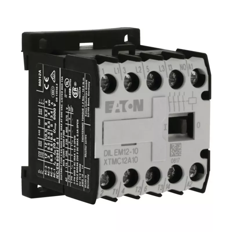 Eaton DILEM12-10 mini kontaktinė relė, 3 polių, 12 A, 230 V 50 Hz / 240 V 60 Hz ritė, 1 NO pagalbinis, IP20, juoda/balta 127075