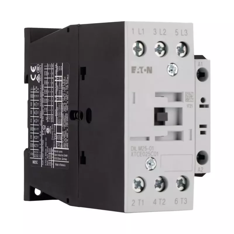 Eaton DILM25-01(RDC24) 3 polių kontaktorius, 24 V DC ritė, 25 A AC-3, 1 NC pagalbinis kontaktas, IP00, juodas/baltas 277178