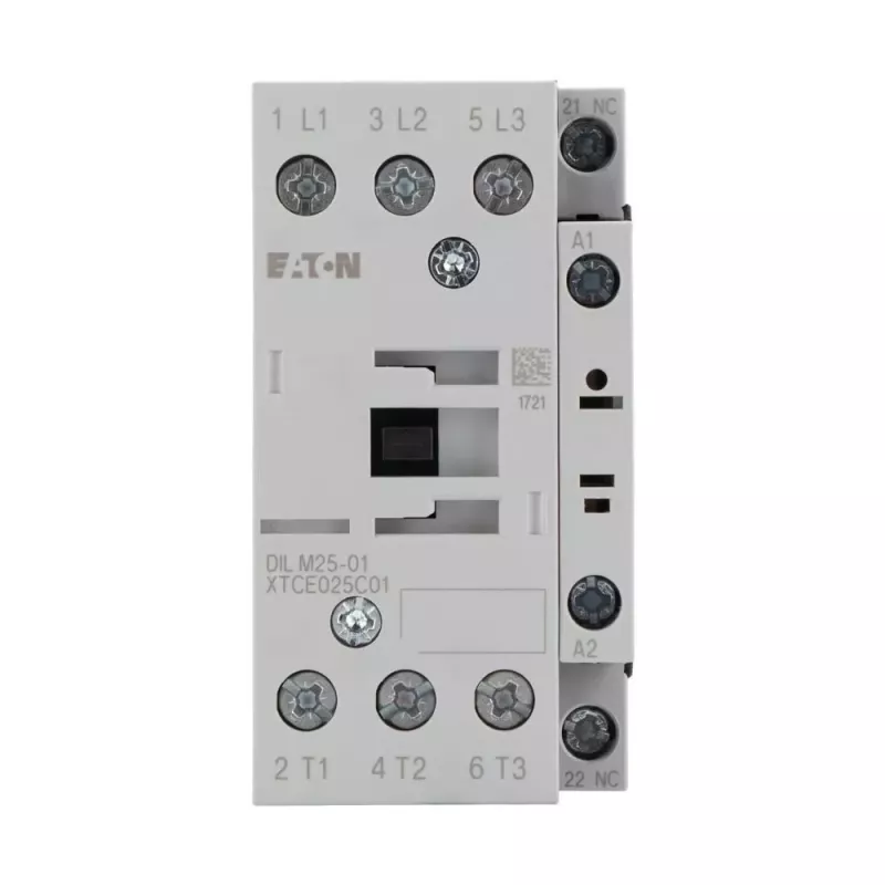 Eaton DILM25-01(RDC24) 3 polių kontaktorius, 24 V DC ritė, 25 A AC-3, 1 NC pagalbinis kontaktas, IP00, juodas/baltas 277178