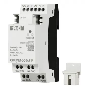 Eaton easyE4 DC 6AE1P PLC išplėtimo modulis, 6 skaitmeniniai įėjimai, 4 relių išėjimai, 1 analoginis įėjimas, 12/24 V DC, DIN bėgelis 197516