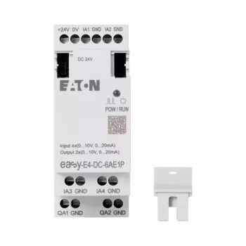 Eaton easyE4 DC 6AE1P PLC išplėtimo modulis, 6 skaitmeniniai įėjimai, 4 relių išėjimai, 1 analoginis įėjimas, 12/24 V DC, DIN bėgelis 197516