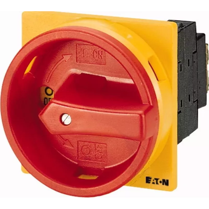 Eaton P1-32/EA/SVB/N/HI11 4 polių pagrindinis jungiklis, 32A, IP65, juodas korpusas su raudona/geltona rankena 057859