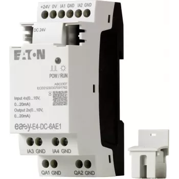 Eaton EASY-E4-DC-6AE1 PLC valdymo modulis, 12/24 V DC, 6 skaitmeniniai įėjimai, 2 analoginiai įėjimai, 4 relių išėjimai, plečiamas, integruotas LCD