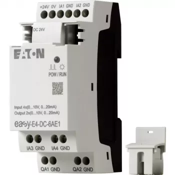 Eaton EASY-E4-DC-6AE1 PLC valdymo modulis, 12/24 V DC, 6 skaitmeniniai įėjimai, 2 analoginiai įėjimai, 4 relių išėjimai, plečiamas, integruotas LCD