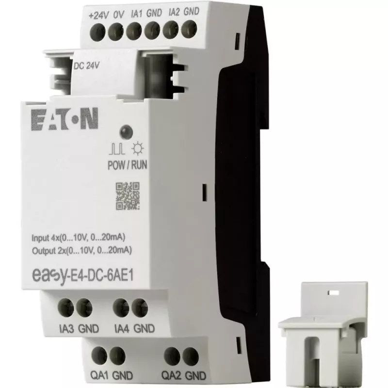 Eaton EASY-E4-DC-6AE1 PLC valdymo modulis, 12/24 V DC, 6 skaitmeniniai įėjimai, 2 analoginiai įėjimai, 4 relių išėjimai, plečiamas, integruotas LCD