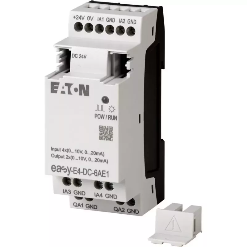 Eaton EASY-E4-DC-6AE1 PLC valdymo modulis, 12/24 V DC, 6 skaitmeniniai įėjimai, 2 analoginiai įėjimai, 4 relių išėjimai, plečiamas, integruotas LCD