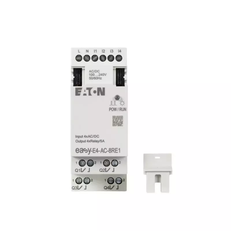 Eaton easyE4 AC išplėtimo modulis, 4 skaitmeniniai įėjimai, 4 relių išėjimai, 100-240 V AC, DIN bėgelis EASY-E4-AC-8RE1