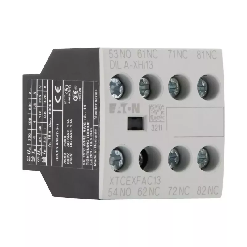 Eaton DILA-XHI13 pagalbinis kontaktų blokas, 4 polių, 1NO+3NC, varžtiniai gnybtai, priekinis montavimas, DILM7-DILM38 kontaktoriams, juodas/baltas 276425