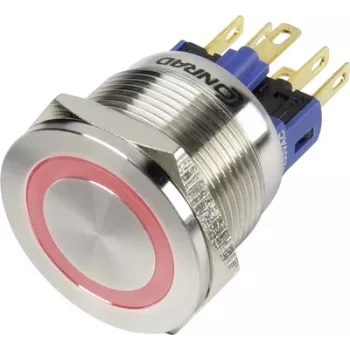 TRU COMPONENTS 1303040 GQ22S-11E/R/12V apsauginis nuo vandalizmo mygtukas su fiksacija, 1 NO, 250 V AC, 3 A, raudonas žiedinis apšvietimas 12 V DC, IP65, 22 mm montavimas
