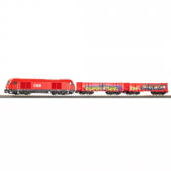 PIKO 57033 H0 vaikų starterio rinkinys ÖBB krovininis traukinys Rh 2016 su dviem Eaos atviromis platformomis