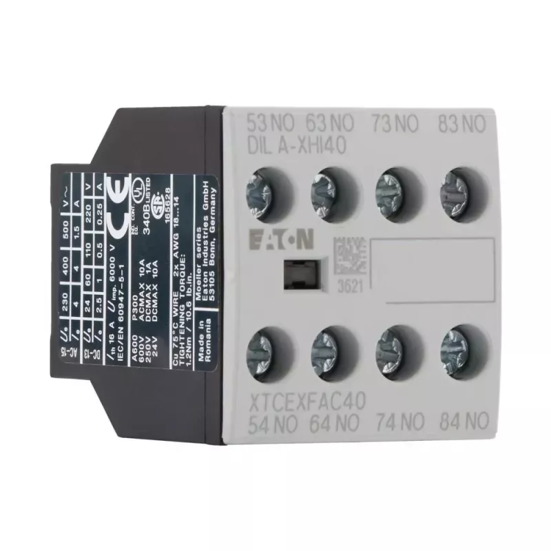 Eaton DILA-XHI40 pagalbinis kontaktų blokas, 4 NO, priekinis montavimas, varžtiniai gnybtai, juodas/baltas 276428