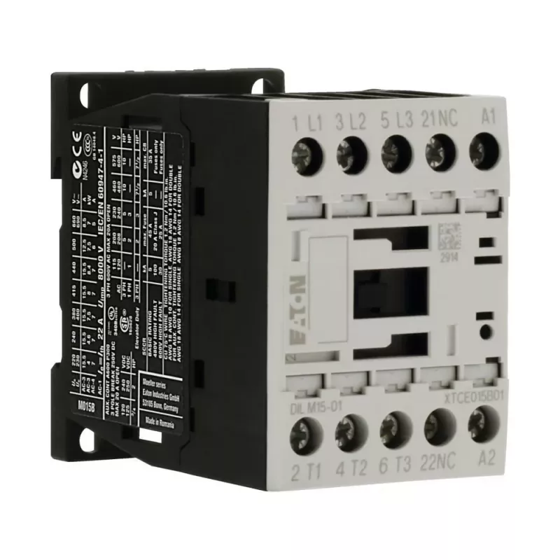 Eaton DILM15-01 24VDC 3 polių kontaktorius, 1 NC pagalbinis kontaktas, 15 A AC-3, DIN bėgių / varžtinis montavimas 290108
