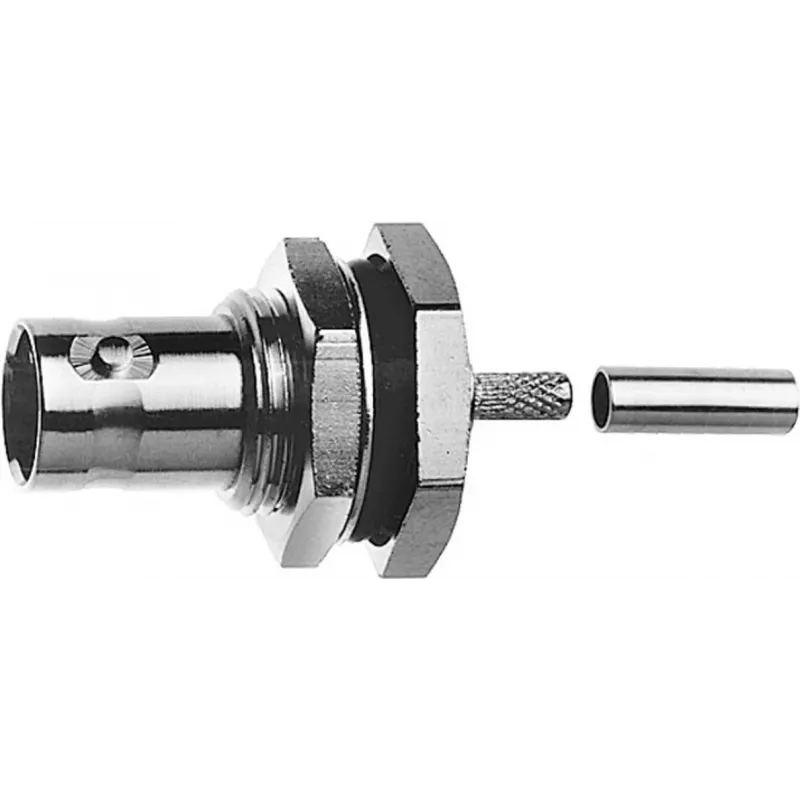 Telegärtner BNC kištukinis lizdas, tvirtinamas prie skydo, crimp/crimp 50 omų, skirtas RG-316/U, nikelis/auksas