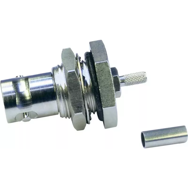 Telegärtner BNC kištukinis lizdas, tvirtinamas prie skydo, crimp/crimp 50 omų, skirtas RG-316/U, nikelis/auksas