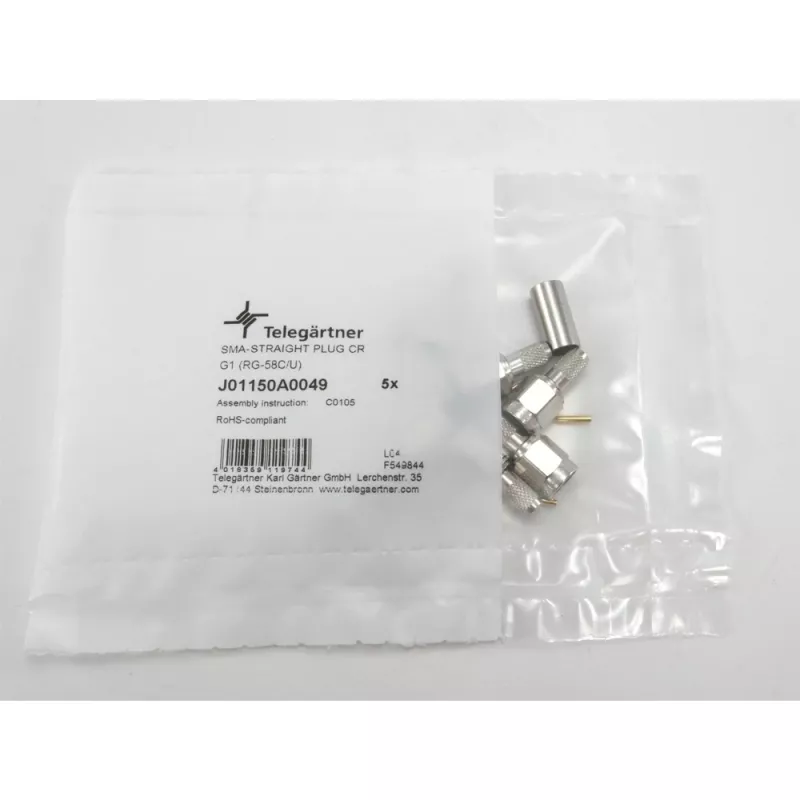 Telegärtner SMA jungtis, tiesus kištukas, 50 omų, crimp/solder, skirta RG-58, RG-142, RG-223, LMR-240, J01150A0049