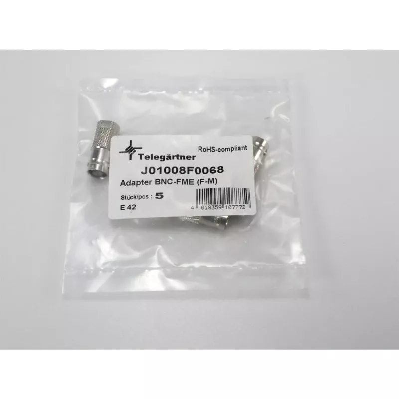 TELEGÄRTNER J01008F0068 BNC lizdas – FME kištukas koaksialinis adapteris, 50 omų, tiesus, nikeliuotas žalvaris