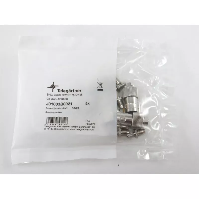 Telegärtner BNC kabelio lizdas crimp G04 75 Ohm, skirtas RG-179B/U, 5 vnt. paketas J01003B0021