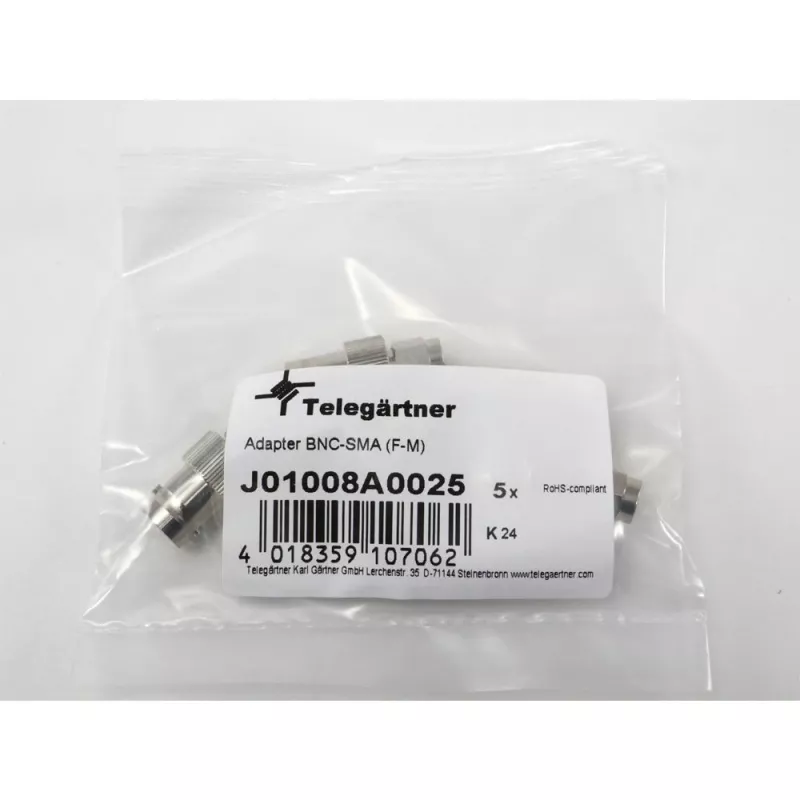 Telegärtner BNC lizdas į SMA kištuką RF koaksialinis adapteris, 50 omų, DC-4 GHz, nikeliuotas žalvaris, J01008A0025
