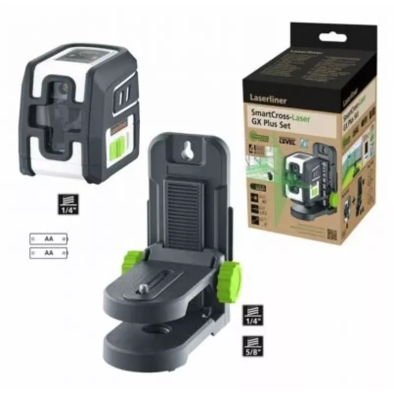 Laserliner SmartCross-Laser GX Plus Set žalios spalvos kryžminio linijinio lazerio rinkinys, maks. nuotolis 40 m (036.732E)