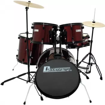 Dimavery DS-200 būgnų rinkinys, vyno raudonumo, su bosinio būgno pedalu ir lėkštėmis