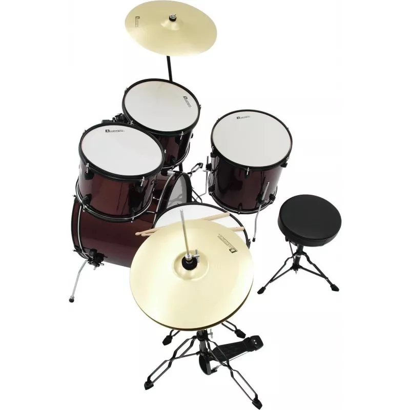 Dimavery DS-200 būgnų rinkinys, vyno raudonumo, su bosinio būgno pedalu ir lėkštėmis