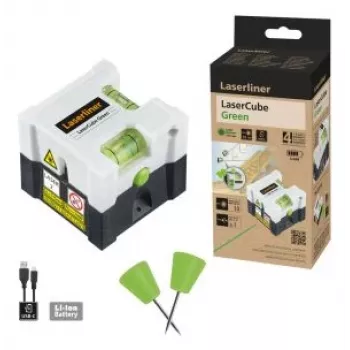 Laserliner LaserCube žaliasis kryžminis linijinis lazeris, 10 m nuotolis, 515 nm, savaiminio išsilyginimo, magnetinis laikiklis 081.109E