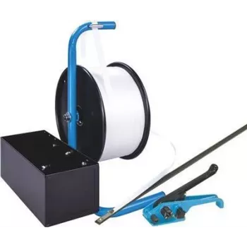 Banholzer & Wenz poliesterio pakavimo komplektas su mobiliuoju dozatoriumi, 19 mm x 600 m, su 1000 vielinėmis sagtimi 17066