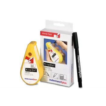 HellermannTyton RiteOn Starter Pack su iš anksto užpildytais dozatoriais, 600 savaime laminuojančių etikečių, baltos, 19 x 38 mm, su raudonu žymekliu 550-14010