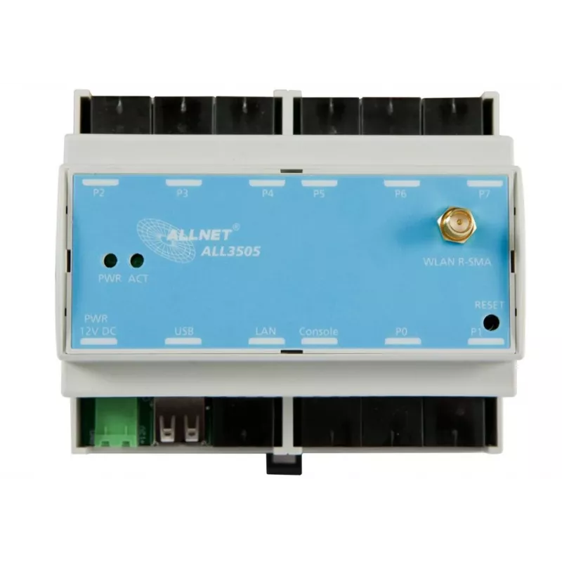 ALLNET ALL3505v2 IP pastatų automatizavimo valdiklis su 8 jutiklių prievadais, DIN bėgelio tvirtinimas