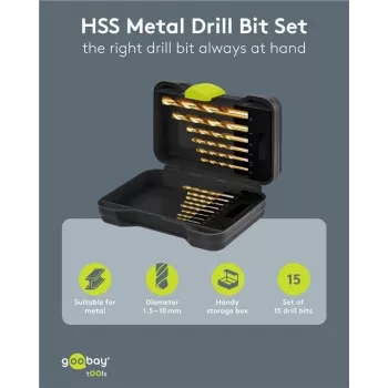 Goobay 77850 HSS metalo grąžtų rinkinys, 15 dalių, 1,5-10 mm, DIN 338, dėžutėje