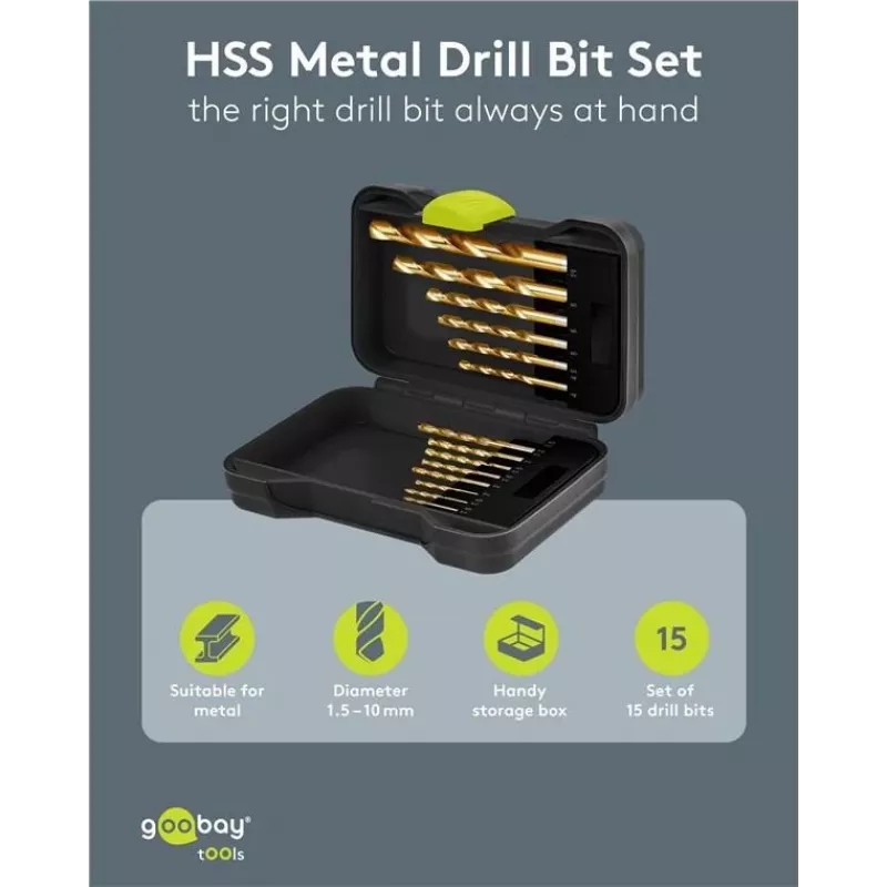 Goobay 77850 HSS metalo grąžtų rinkinys, 15 dalių, 1,5-10 mm, DIN 338, dėžutėje