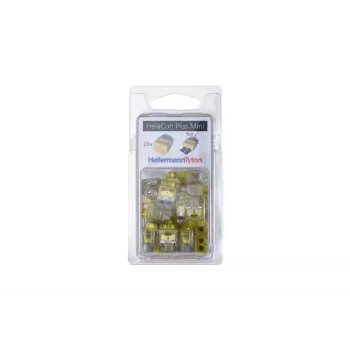 HellermannTyton HelaCon Plus Mini HCPM-2 įspaudžiamoji laidų jungtis, 2 polių, 0,5-2,5mm², skaidri/geltona, 20 vnt. pakuotė 148-90054