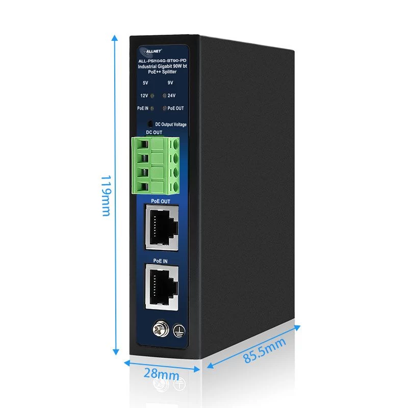ALLNET Industrial PoE Splitter/Extractor IEEE 802.3bt Type 4, 90W, 5V/9V/12V/24V Selectable Output, Gigabit Ethernet, DIN Rail/Wall Mount (ALL-PSI104G-BT90-PD)